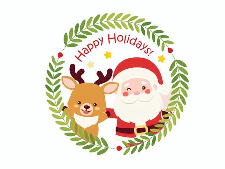 サンタとトナカイのアイコン/ホリデイ サンタ,トナカイ,ハッピーホリデー,ベクター,ボタニカル,サンタクロース,サンタさん,おじいさん,葉,フレームのイラスト素材