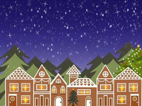 冬の町並みとクリスマス（星空＆雪）1 町並み,街並み,クリスマス,ツリー,木,モミの木,背景,夜景,夜,家のイラスト素材