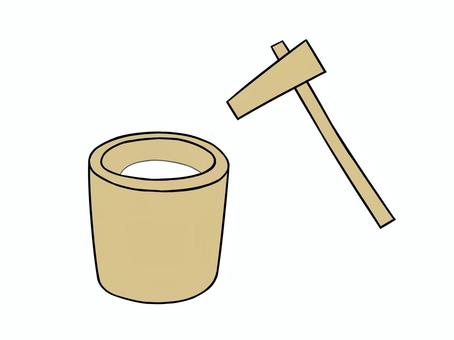 杵と臼のイラスト（餅入り） 杵,臼,餅,食べ物,シンプル,手描きのイラスト素材