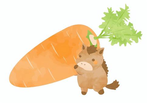 大きなにんじんを持ったお馬さん 馬,動物,にんじん,食べ物,野菜,かわいい,持つ,手描き風,水彩風,主線なしのイラスト素材
