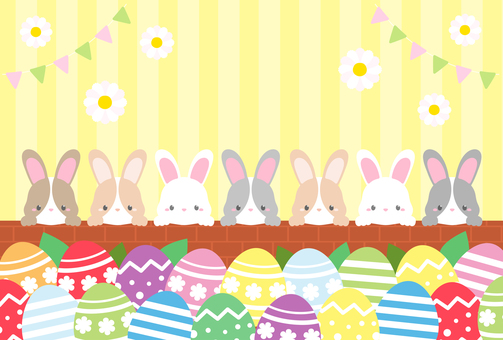 イースターエッグとうさぎと花のイラスト4 イースター,春,イースターエッグ,うさぎ,花,ガーランド,かわいい,おしゃれ,イラスト,素材のイラスト素材