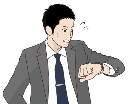 腕時計を見て慌てる会社員 慌てる,あせる,腕時計,サラリーマン,スーツ,ネクタイ,汗のイラスト素材