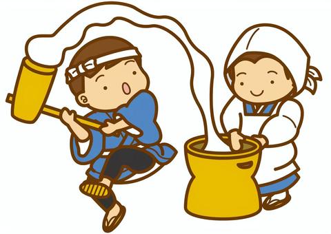 餅つき-4c 餅つき,正月,餅,杵,臼,はちまき,半纏,股引き,草履,着物のイラスト素材