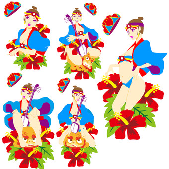 紅型女子セット 伝統衣装,民族衣装,アップスタイル,舞踊,女性,ポップ,シンプル,かわいい,王族,紅型のイラスト素材