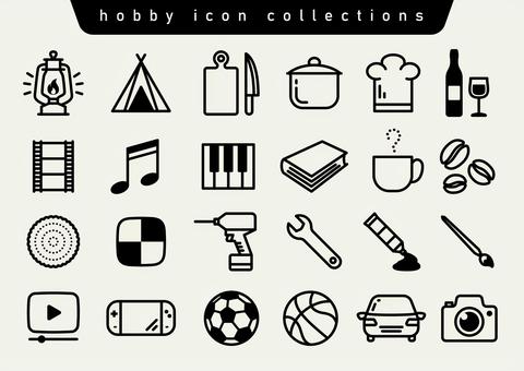 ホビーアイコンセット（モノクロ） 趣味,ホビー,アイコン,セット,モノクロ,かわいい,アウトドア,キャンプ,ランタン,ランプのイラスト素材
