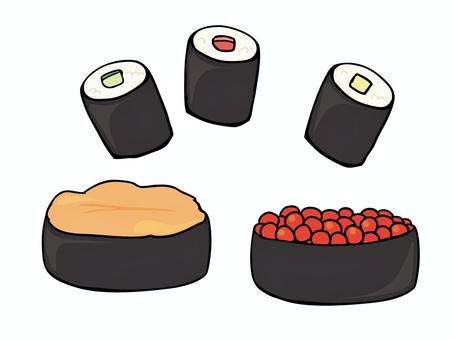 まき寿司 寿司,巻き寿司,かっぱ巻き,鉄火巻き,かんぴょう巻き,軍艦巻き,いくら,うに,食べ物,和食のイラスト素材