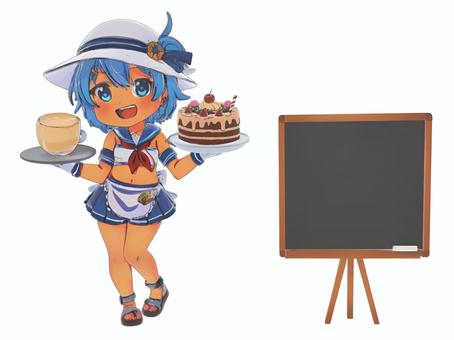 夏海の家ケーキ屋カフェ女性店員と販促黒板 ケーキ,スィーツ,コーヒー,カフェ,喫茶店,夏,海の家,菓子屋,飲食店,メニューボードのイラスト素材