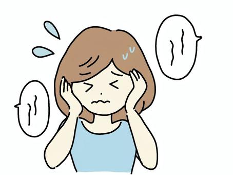 聞くのが辛くて耳を塞ぐ人 汗,不快,困り顔,女性,耳,ふさぐ,声,話,聴覚過敏,過敏のイラスト素材