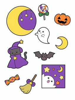 かわいいハロウィンセット（ねこ） セット,ハロウィン,月,猫,カボチャ,コウモリ,おばけ,ほうき,キャンディ,黒のイラスト素材