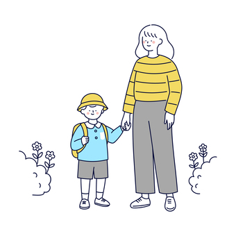 登園する幼児と母親のイラスト 人物,親子,登園,園児,幼稚園,保育園,お母さん,男の子,子ども,制服のイラスト素材