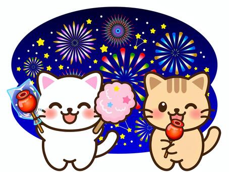 縁日を楽しむ猫のイラスト素材2 わたあめ,りんご飴,猫,動物,花火,飴,お菓子,食べ物,綿菓子,りんごのイラスト素材