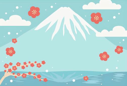 正月・年賀状背景 富士山と梅の花と青空 正月,お正月,背景,年賀状,富士山,梅,花,年賀状素材,年賀はがき,和風のイラスト素材