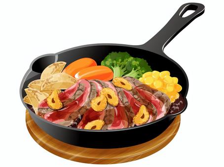 ガーリックステーキ(スキレット) ガーリックステーキ(スキレット) ステーキ,にんにく,洋食,料理,食べ物,牛肉,フライドポテト,肉,にんじん,グラッセのイラスト素材