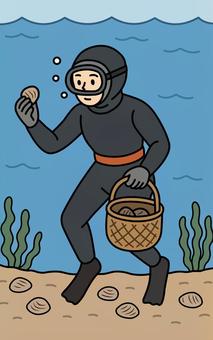 海女さん 背景あり 海女さん 背景あり 海女,ウェットスーツ,ゴーグル,海,貝,海藻,カゴのイラスト素材