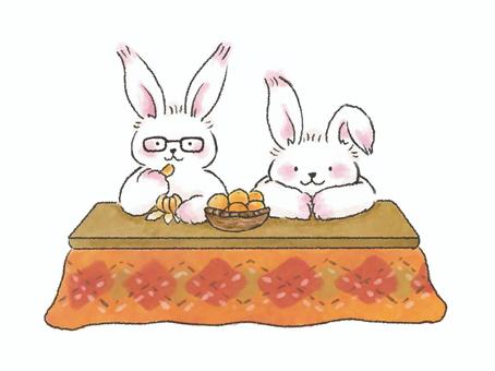 Illustration, rabbit, a kotatsu, mandarin orange, 