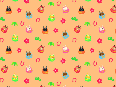 CMYK/午だるまパターンの壁紙/橙 午,だるま,パターン,壁紙,ポップ,ベクター,蹄鉄,梅,竹,松のイラスト素材