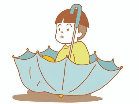 傘に座る男の子 傘,逆さま,座る,遊ぶ,子供,男の子,幼児,かわいい,シンプル,手描きのイラスト素材