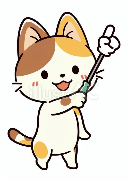 指示棒を持って案内している可愛い三毛猫 ポイント,猫,チェックのイラスト素材