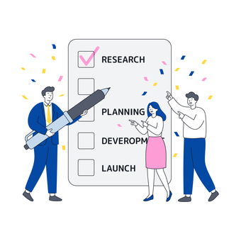 タスク達成を喜ぶビジネスチーム 人物,男女,ビジネス,タスク,チェックリスト,計画,進捗,達成,リサーチ,チームのイラスト素材