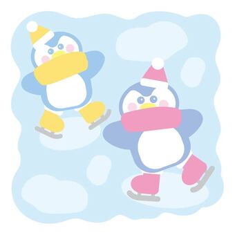 アイススケート（ペンギン） スケート,帽子,マフラー,雪,氷,冬,全身,白色,黄色,ピンク色のイラスト素材