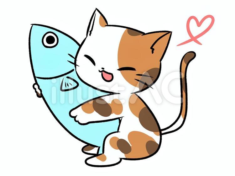 おさかなとねこ 猫,動物,三毛猫のイラスト素材