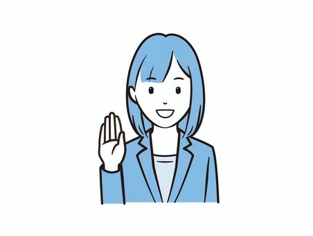 笑顔で手を挙げる女性ビジネスイラスト 女性,ビジネス,ol,笑顔,挙手,はい,こっち,挨拶,案内,説明のイラスト素材