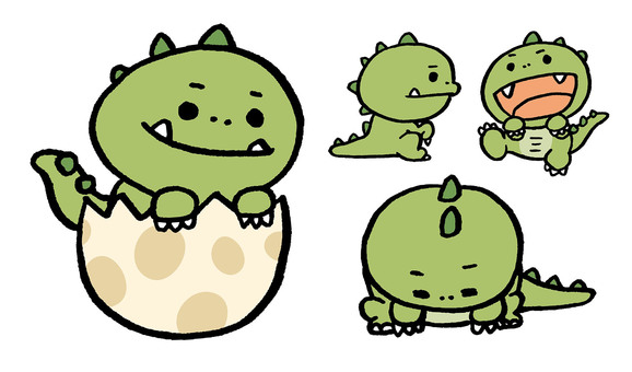 小さい恐竜　セット１ 恐竜,怪獣,ティラノサウルス,赤ちゃん,誕生,卵,お辞儀,挨拶,動物,デフォルメのイラスト素材