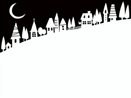 三日月の町 背景,素材,イメージ,壁紙,background,手描き風,町,丘,家,木のイラスト素材