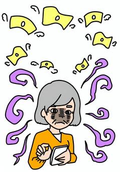 課金中毒のおばあさん　カラー おばあさん,課金,中毒,お金,スマホ,依存症,高齢者,女性,カラーのイラスト素材