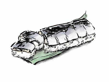 絵手紙風の鯖の推し寿司 鯖,推し寿司,食べ物,お寿司,和食,魚,寿司飯,ご飯,料理,毛筆のイラスト素材