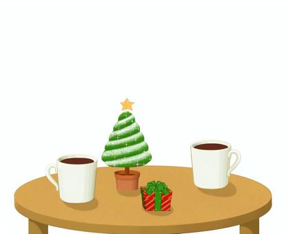 ミニクリスマスツリーと白いカップ クリスマス,カップ,ココア,コーヒー,ツリー,プレゼント,テーブルのイラスト素材
