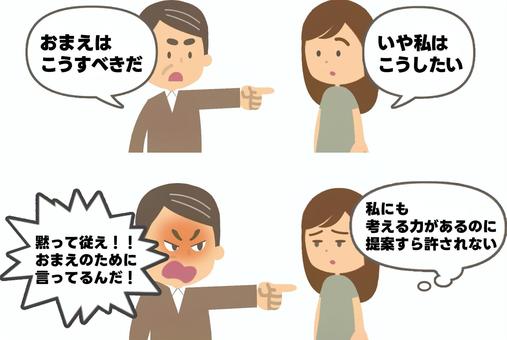 子供に自分の考えを押し付ける親 命令,全否定,不服,疑問,不信感,モチベーション,意欲,親子,家族,親戚のイラスト素材