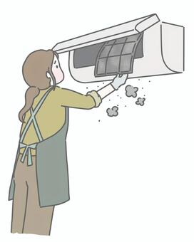 エアコンフィルター掃除作業の主婦 女性,主婦,母親,掃除,家事,大掃除,エアコン,フィルター,汚い,汚れのイラスト素材