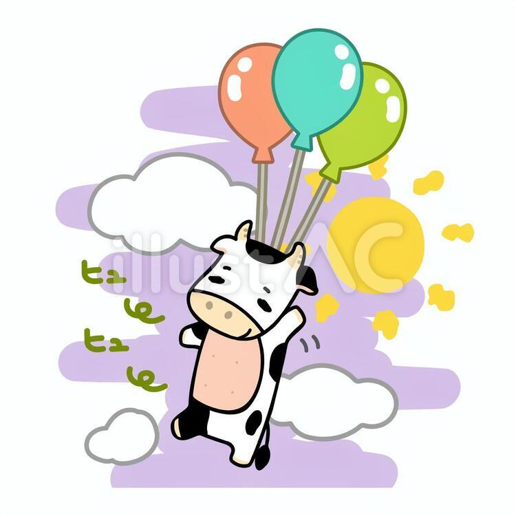 風船で飛ぶウシ 牛,動物,風船のイラスト素材