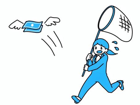 飛んでいくお金を追いかける女性会社員B お金,お札,女性,会社員,追いかける,財産,貯金,給料,逃げる,損失のイラスト素材