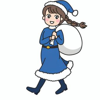 プレゼントを配る女の子　ブルーサンタ サンタ,サンタクロース,コスプレ,クリスマス,袋,ワンピース,ブーツ,三つ編み,おさげ,女の子のイラスト素材