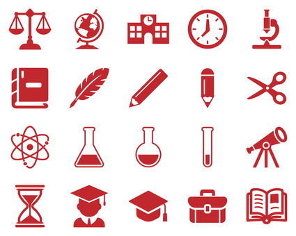 教育と学習のアイコンセット 赤 学校,教育,学習,科学,勉強,校舎,鞄,本,ハサミ,文房具のイラスト素材