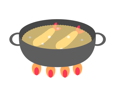鍋でエビフライを揚げているイラスト フライ,揚げ物,天ぷら,油,鍋,鉄鍋,炎,揚げる,料理,調理のイラスト素材