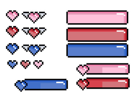ドット絵アイコンステータスバーセット アイコン,セット,ドット絵,ステータスバー,ハート,ピクセルアート,アイコンセット,ui素材,ゲーム用,ライフバーのイラスト素材