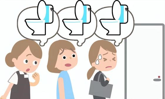行列ができている女性トイレ トイレ,女性,行列,順番,待つ,複数,店員,スーツ,腹痛,困るのイラスト素材