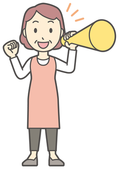  エプロンおばちゃん-195-全身 メガホン,おばちゃん,エプロン,お母さん,ママ,中年,おばさん,主婦,人物,かわいいのイラスト素材