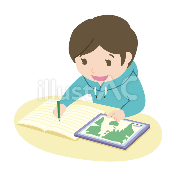 ネットで調べ学習をする男の子 ネット学習,自宅学習,調べ学習のイラスト素材