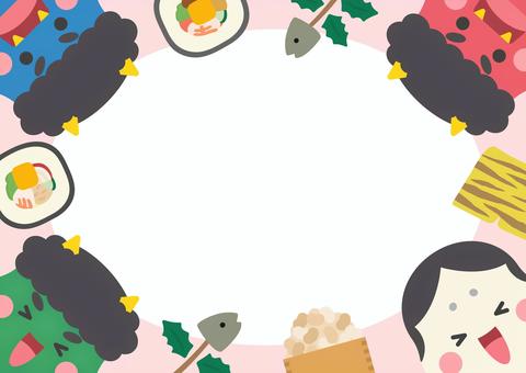 節分の鬼と恵方巻と豆とお多福の飾り枠02 節分の鬼と恵方巻と豆とお多福の飾り枠02 節分,背景,フレーム,鬼,豆,恵方巻,節分豆,2月,冬,手描きのイラスト素材