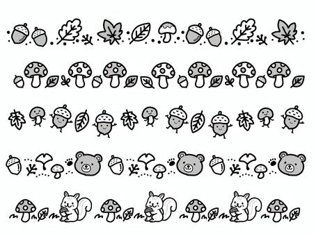 飾り線セット　秋 クマ,リス,動物,生き物,どんぐり,きのこ,葉っぱ,落ち葉,枯れ葉,イチョウのイラスト素材