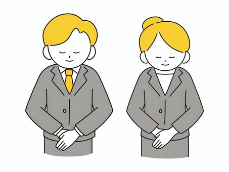 おじぎをする会社員のイラスト 上半身 お辞儀,男性,女性,スーツ,ビジネス,お礼,感謝,挨拶,シンプルのイラスト素材
