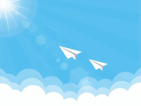 紙飛行機と晴れた空と雲と光 紙飛行機,空,雲,光,日光,晴れ,青空,イラスト,素材のイラスト素材