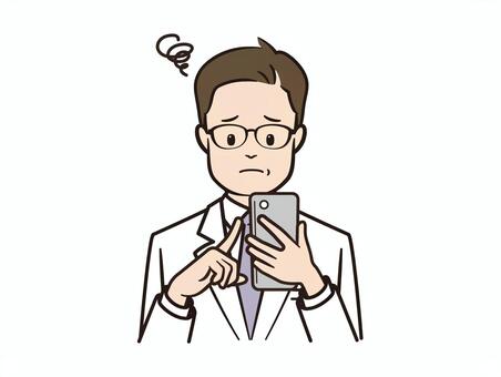 スマホ操作に困惑する男性医者 医者,病院,クリニック,医療,白衣,ドクター,研究者,研究員,内科,外科のイラスト素材