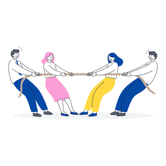 仕事で対立する男女ビジネスチーム 仕事で対立する男女ビジネスチーム 人物,男女,ビジネス,仲間,チーム,対決,綱引き,対立,力,団結のイラスト素材