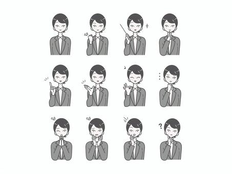 新卒風女性の表情・ポーズセット 女性,上半身,表情,ポーズ,説明,指差し,okサイン,ひらめく,悩む,困るのイラスト素材