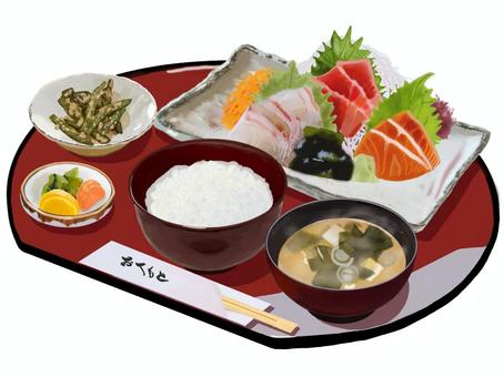 刺身の盛り合わせ定食（半月盆） 刺身,お刺身,活け造り,盛り合わせ,定食,食べ物,和風,ごはん,ご飯,みそ汁のイラスト素材